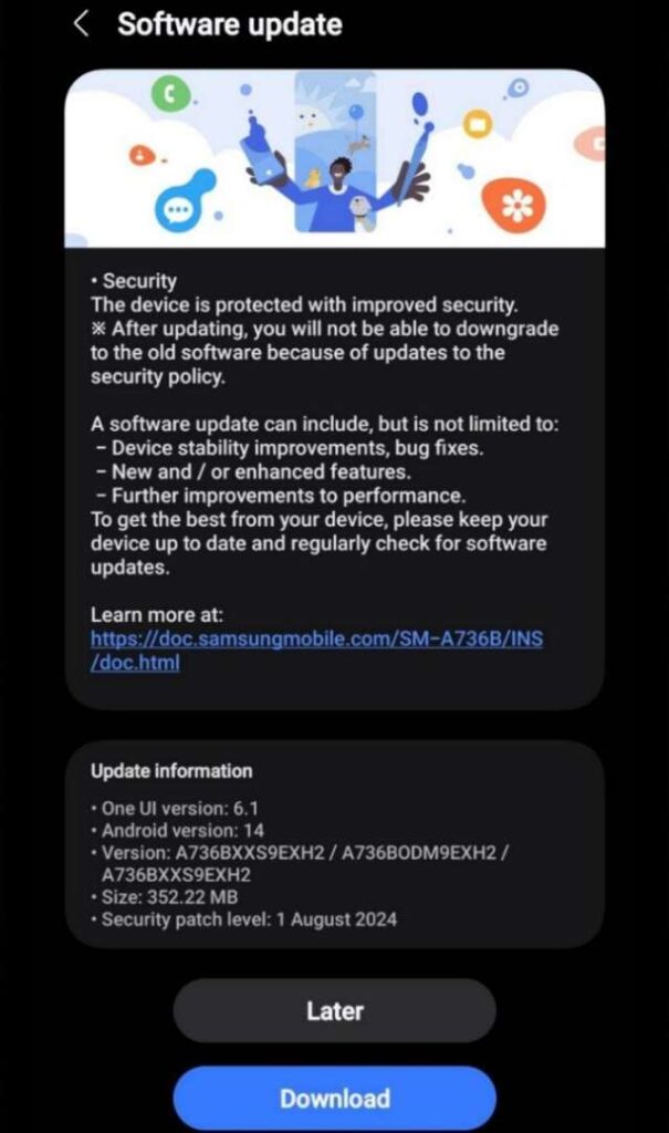 Samsung A73 5G August 2024 Security Patch update foe indian user