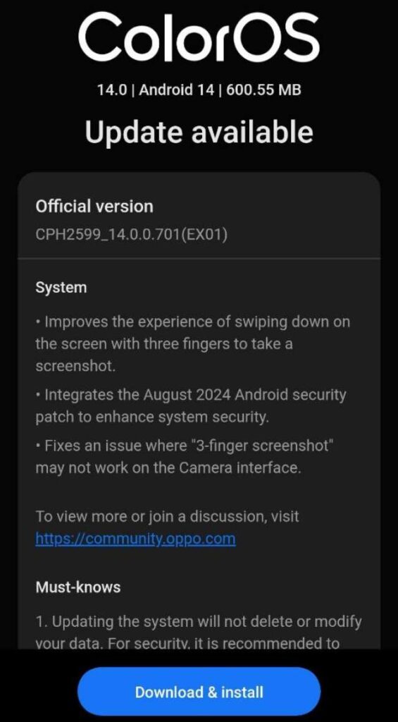 OPPO Reno 11 5G August 2024 Security Patch update for indian users