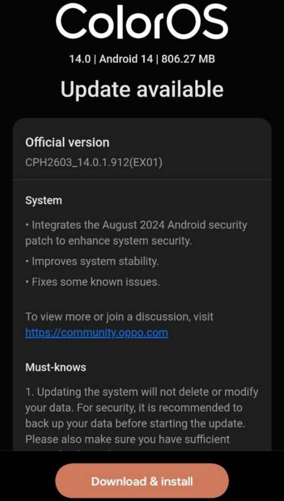 OPPO F25 Pro 5G August 2024 Patch update for Indian Users